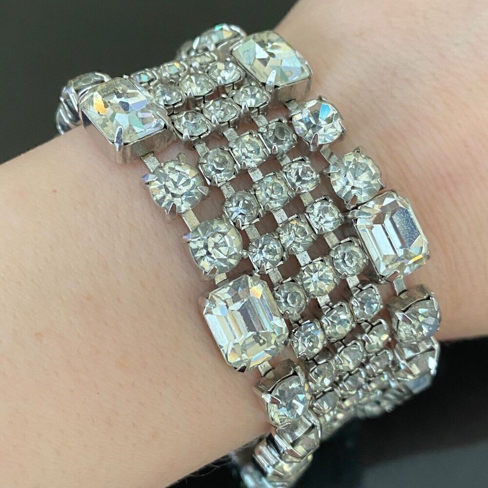 Weiss Signed Vintage Rhinestone Wide Five Row Statement Bracelet W/ Safety Chain